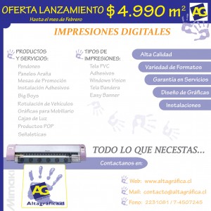 ALTAGRAFICA.CL Avisos gratis en Chile en &Ntilde;u&ntilde;oa |  OFERTAS DE LANZAMIENTO TEL: 2231081 ALTAGRAFICA.CL , EXPONOR, STAND, ADHESIVOS, PENDONES, GIGANTOGRAFIAS, PORTAFOLLETOS