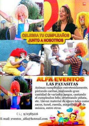 Alfa Eventos Cumplea&ntilde;os fono:2261874 Avisos gratis en Chile en Santiago |  Animaciones Payasitas Funcion Titeres Show Magos Lazy Sportacus 2261874, Cumplea&ntilde;os Infantiles Barney Minnie Mickey Monitoras Castillos Mesas y Sill